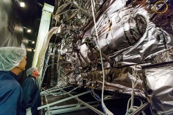 The first GPS III satellite undergoes system-level thermal vacuum testing. (Photo: Lockheed Martin)